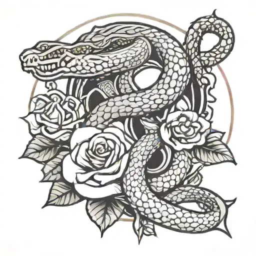Snake with a sword And flowers and the moon tattoo design idea