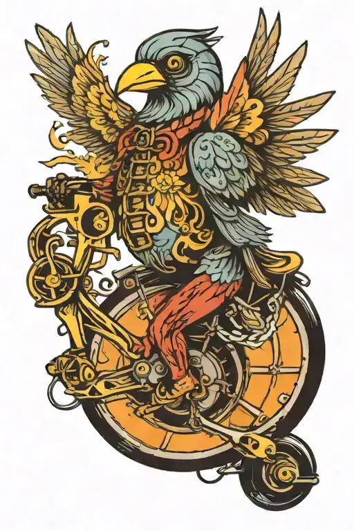 humanoid bird riding a one wheel  tattoo design idea