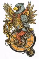 humanoid bird riding a one wheel  tattoo design idea
