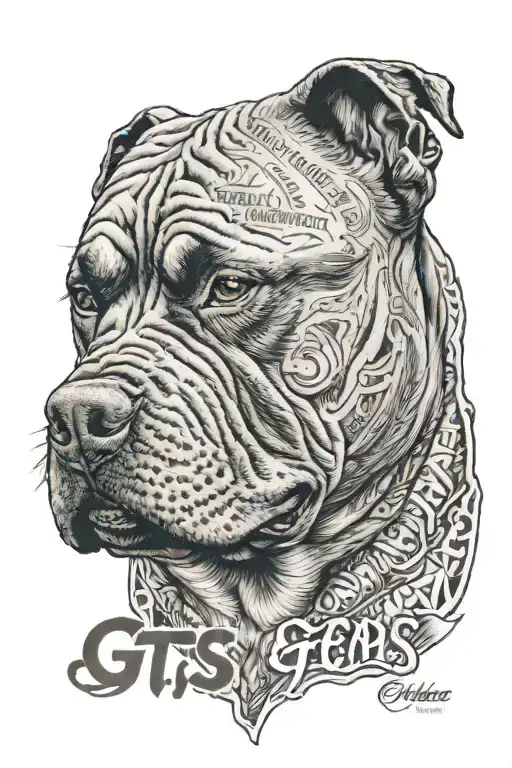 american  bully dog head with phrase "GTS"  tattoo design idea