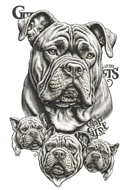  two american bully dog head with phrase "GTS" tattoo design idea