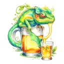chameleon drinking dew from cold beer bottle tattoo design idea