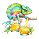 chameleon drinking dew from cold beer bottle tattoo design idea