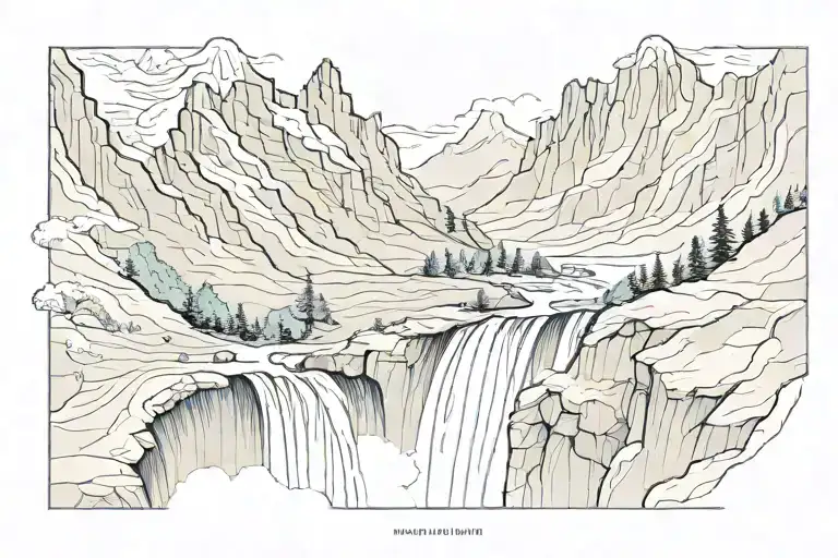 mountain range and waterfall flowing tattoo design idea