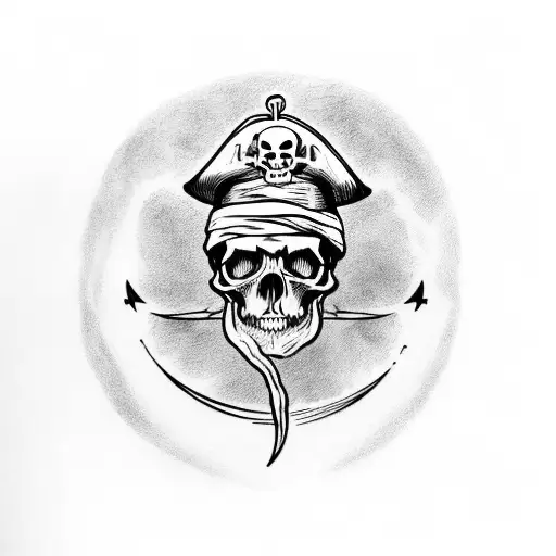 A skull wearing a pirate hat reading a book under a crescent moon tattoo design idea