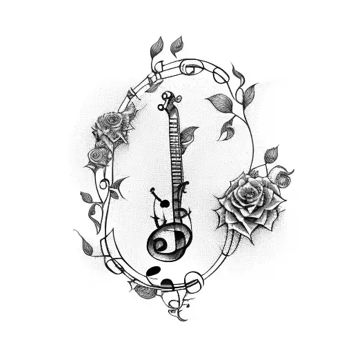 A musical note entwined with vines and flowers, with a quote from Alice in Wonderland tattoo design idea