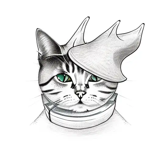 A sketch-style tattoo of a cat wearing a witch hat, surrounded by books and paintbrushes tattoo design idea