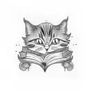 A blackwork tattoo of a cat reading a book in a spooky Halloween setting tattoo design idea