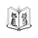 A blackwork tattoo of a cat reading a book in a spooky Halloween setting tattoo design idea