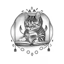 A blackwork tattoo of a cat reading a book in a spooky Halloween setting tattoo design idea