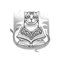 A blackwork tattoo of a cat reading a book in a spooky Halloween setting tattoo design idea