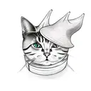 A sketch-style tattoo of a cat wearing a witch hat, surrounded by books and paintbrushes tattoo design idea