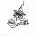A sketch-style tattoo of a cat wearing a witch hat, surrounded by books and paintbrushes tattoo design idea