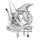 A sketch-style tattoo of a cat wearing a witch hat, surrounded by books and paintbrushes tattoo design idea