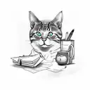 A sketch-style tattoo of a cat wearing a witch hat, surrounded by books and paintbrushes tattoo design idea