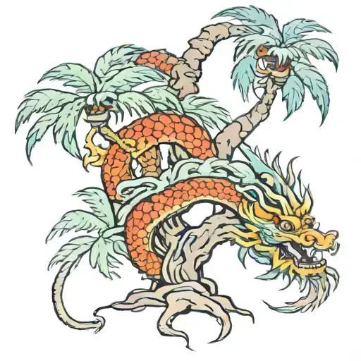 palm tree with chinese dragon wrapped around tree tattoo design idea