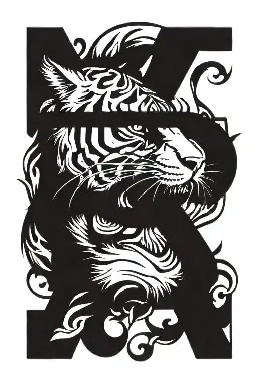A tattoo design combining the image of a fierce tiger with intricate numerology symbols representing strength and power tattoo design idea