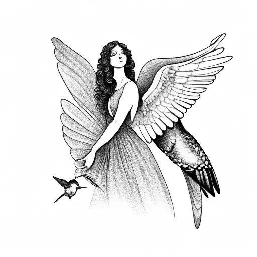 Angel with curly hair and a hummingbird on her arm tattoo design idea