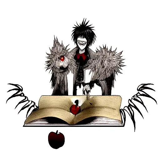 Ryuk the shinigami from death note standing with an apple and the death note in the hands tattoo design idea