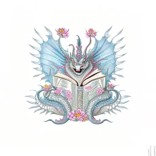A feminine dragon made up of intricate book pages, with flowers growing from its scales tattoo design idea