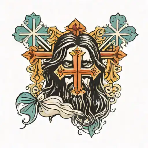 three crosses whis jesus face behind tattoo design idea