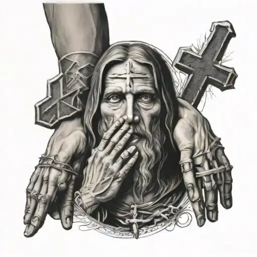 three crosses whis jesus face behind pray hands tattoo design idea