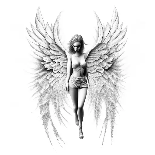 Wounded angel girl with broken wings and a shadow of a girl behind it with healthy wings, 3D design  tattoo design idea