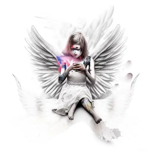 A wounded and disturbed angel girl with broken wings and a shadow of another girl behind her, healthy and with open wing tattoo design idea