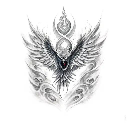 black and grey Phoenix with blue eyes and wings swirling around its body tattoo design idea