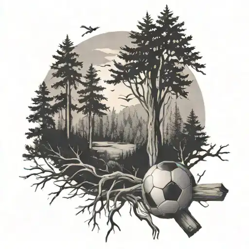 A forest scene with a cross made out of tree branches and a soccer ball hidden among the trees tattoo design idea