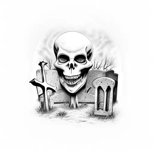 spooky graveyard with headstone tattoo design idea