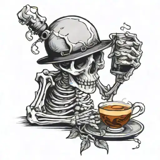 skeleton drinking coffee tattoo design idea