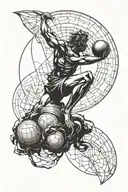 Create a blackwork tattoo in a sketch style. The central figure is Atlas from mythology, depicted carrying a sphere that tattoo design idea