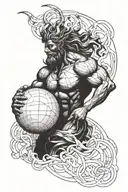 Create a blackwork tattoo in a sketch style. The central figure is Atlas from mythology, depicted carrying a sphere that tattoo design idea