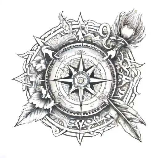 A compass rose with cooking utensils as the directional points and the Banue rice terraces in the center tattoo design idea