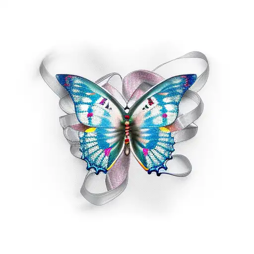 Realistic butterfly emerging from a breast cancer ribbon symbolizing transformation and overcoming challenges tattoo design idea