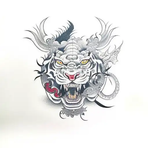 Asian dragon and yellow tiger with colour tattoo design idea