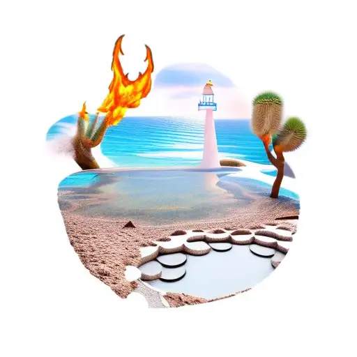 desert surounded by ocean tides with a wishing well in the middle of the desert and it's on fire tattoo design idea