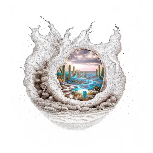 there is a desert surrounded by tidal waves. In the middle of the desert is a wishing well on fire and it has a diamond  tattoo design idea