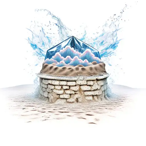 there is a desert surrounded by tidal waves. In the middle of the desert is a wishing well on fire and it has a diamond  tattoo design idea