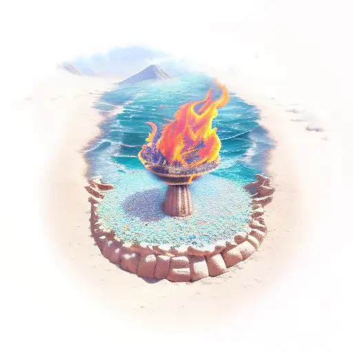 there is a desert surrounded by tidal waves. In the middle of the desert is a wishing well on fire and it has a diamond  tattoo design idea