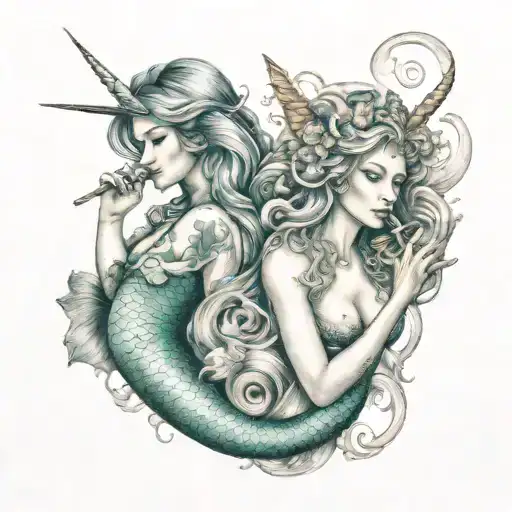 a Mermaid and unicorn smoking a joint tattoo design idea