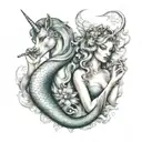 a Mermaid and unicorn smoking a joint tattoo design idea