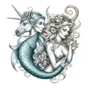 a Mermaid and unicorn smoking a joint tattoo design idea