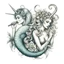 a Mermaid and unicorn smoking a joint tattoo design idea
