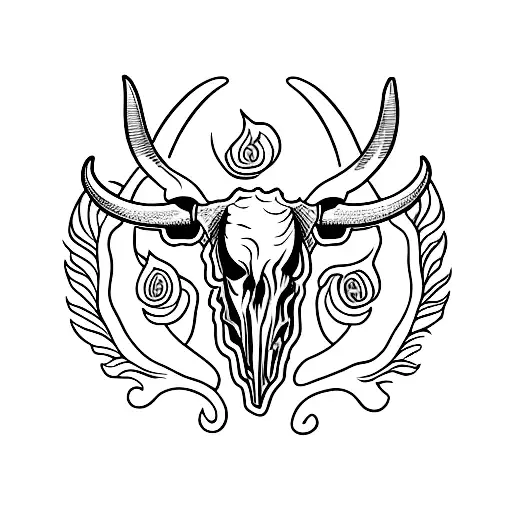 A longhorn skull engulfed in flames with a floral wreath around it tattoo design idea