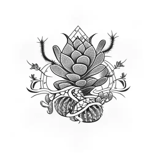 A cactus wrapped in a floral vine with a longhorn skull in the background tattoo design idea