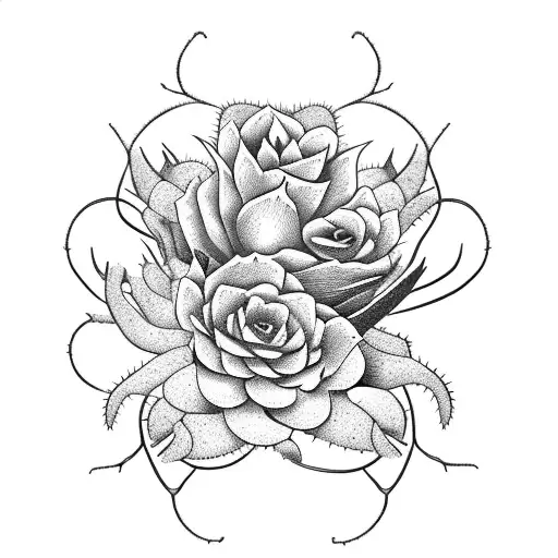 A cactus wrapped in a floral vine with a longhorn skull in the background tattoo design idea