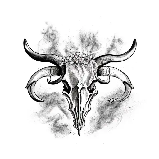 A longhorn skull engulfed in flames with a floral wreath around it tattoo design idea