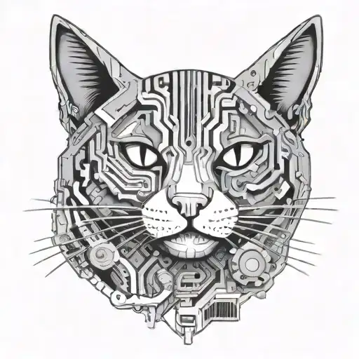 A PC motherboard design with cat motifs intertwined tattoo design idea